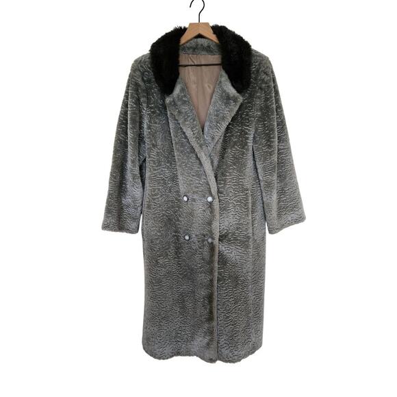 Vintage Jackets & Blazers - Women's Vintage Curly Lamb Gray Coat Black Brown Fur Trim Double Breasted Large